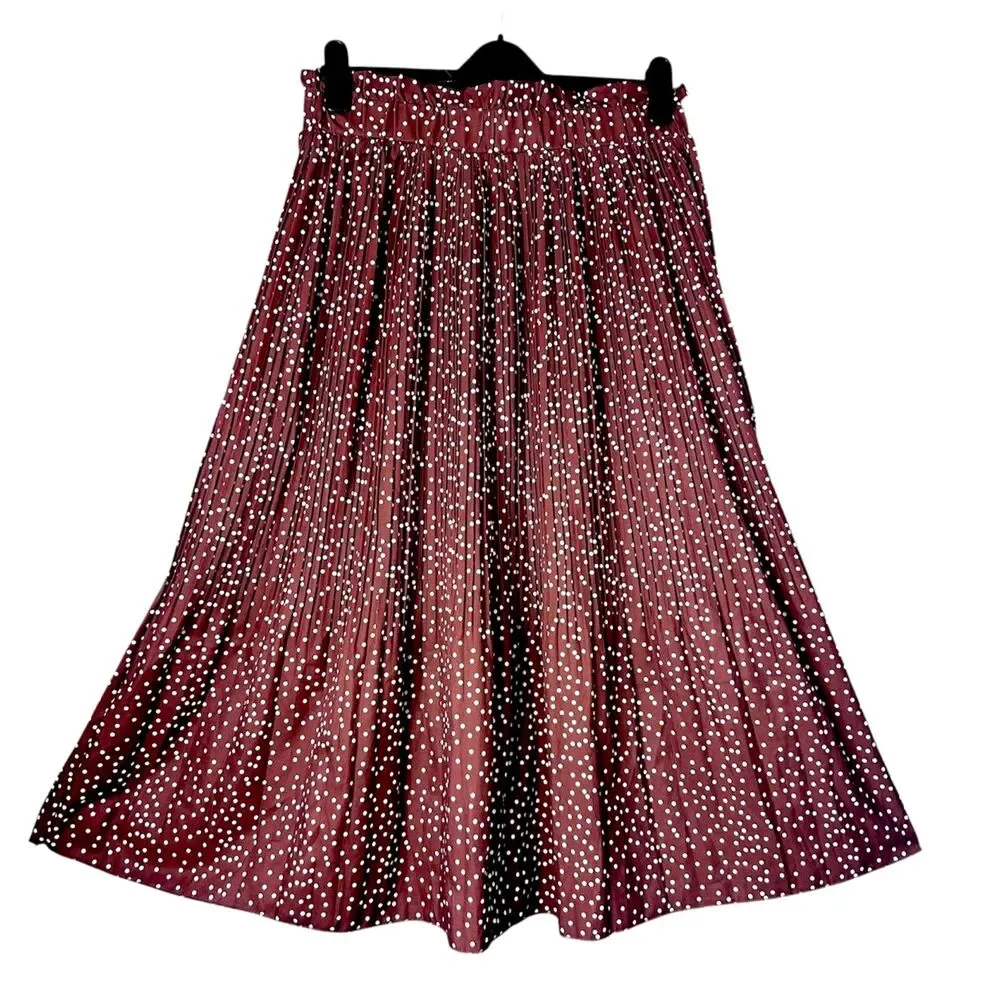 Womens Mocha Brown Pleated Midi Skirt XL Polka Dot Retro Classic Flowy High-Rise